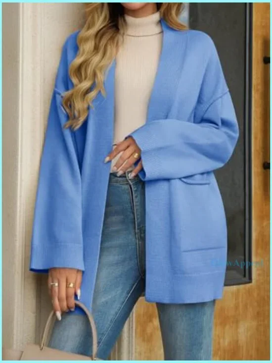 Oversized Cardigan with Pockets, Long Sleeve Open Front Shawl Sweater - Picture 4 of 7